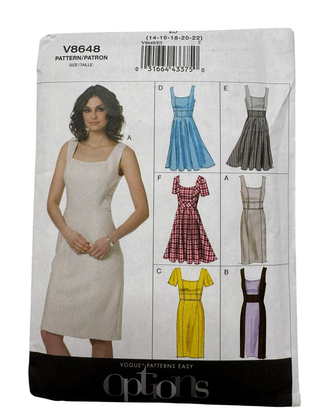 VOGUE Options Square Neck Dress Pattern Size E5 14-16-18-20-22 V8648 Uncut